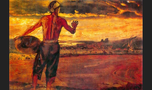 Nguyen Duc Nung (b. 1909, Vietnam; d. 1983, Vietnam). Binh minh tren song trang (Dawn on a Farm), 1958; Lacquer on board; 63 x 91.2 cm; Collection of Vietnam Fine Arts Museum. Courtesy of National Gallery Singapore.