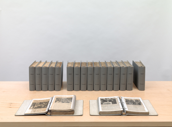On Kawara. I Read, 1966–95; 18 clothbound loose-leaf binders with plastic sleeves and inserted printed matter; 11-1/2 x 11-3/4 x 3 in (29.2 x 29.8 x 7.6 cm), each. Collection of the Artist. Courtesy of the Solomon R. Guggenheim Foundation.